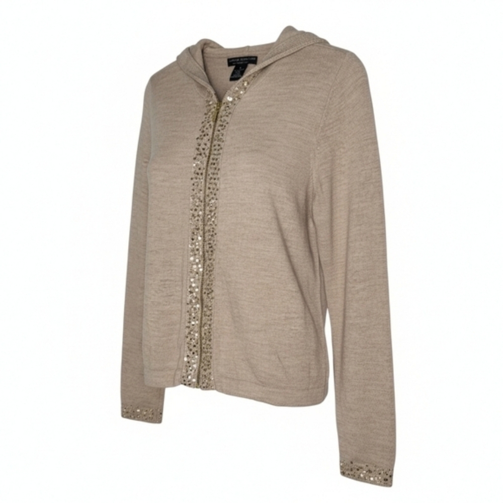 Like New Sarah Spencer Taupe Gold Sequin Zip Hoodie Cardigan M Wool - Picture 8 of 14